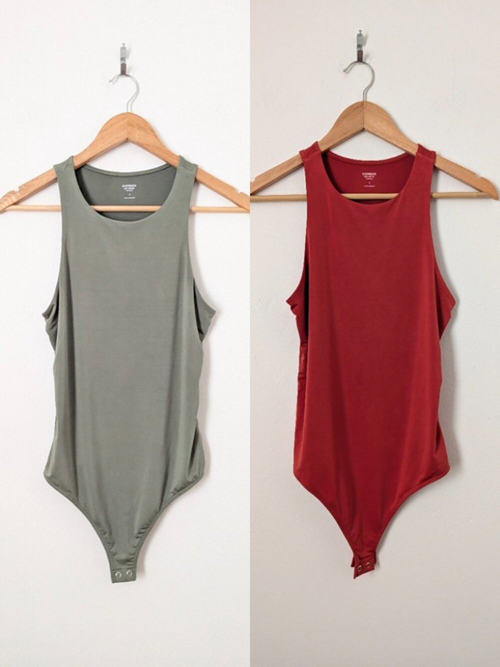 LOT OF 2 Express Body Contour Green Red Satin Finish High Neck Bodysuits